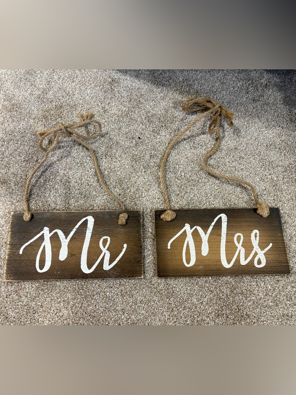 Mr and Mrs Rustic Wood Hanging Signs - White Script